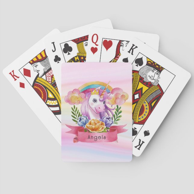 Girls Cute Purple Unicorn Rainbow Custom Name    Playing Cards (Back)