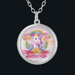 Girls Cute Purple Unicorn Rainbow Custom Name     Silver Plated Necklace<br><div class="desc">Featuring a purple unicorn with crown, rainbow, flower wreath that can be personalised with your princess name. Ideal for a birthday gift, nursery decor, kids room art, home decor, and other occasions. Easy customisation of your princess name and font using the "Personalisation button". You can also "Transfer design to a...</div>