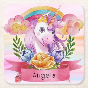 Girls Cute Purple Unicorn Rainbow Custom Name Square Paper Coaster
