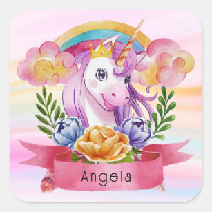 Girls Cute Purple Unicorn Rainbow Custom Name     Square Sticker