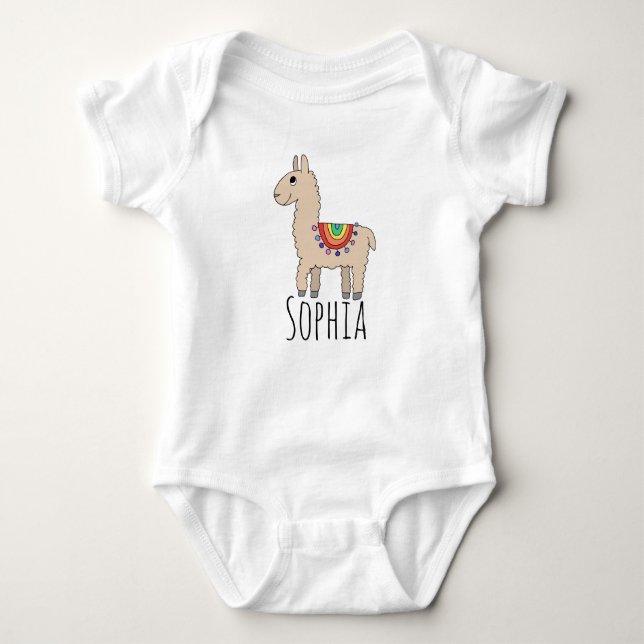 Girls Cute Rainbow Llama Cartoon and Name Baby Bodysuit (Front)