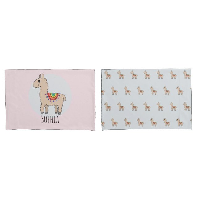 Girls Cute Rainbow Llama Cartoon and Name Kids Pillowcase (Front-Set)