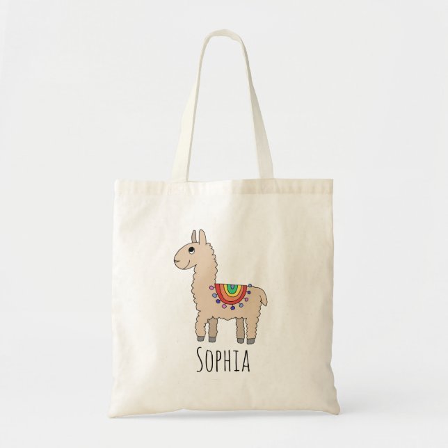 Girls Cute Rainbow Llama Cartoon and Name Kids Tote Bag (Front)
