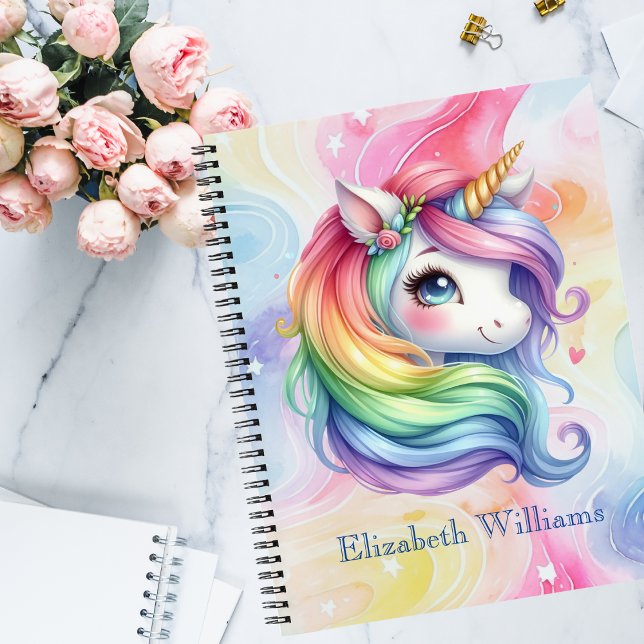 Girls Cute Rainbow Unicorn Custom Name Notebook (Creator Uploaded)