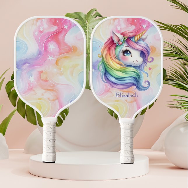 Girls Cute Rainbow Unicorn Custom Name Pickleball Paddle (Creator Uploaded)