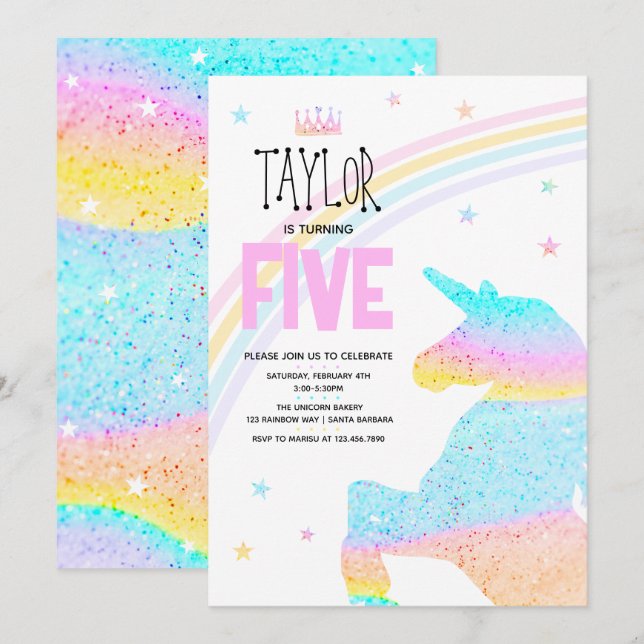 Girls Cute Rainbow Unicorn Kids 5th Birthday Invitation (Front/Back)