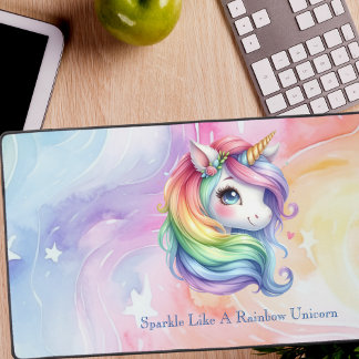Girls Cute Rainbow Unicorn Personalised Message Desk Mat