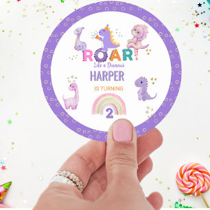Girls Cute Roar Dinosaur Birthday Party   Classic Round Sticker