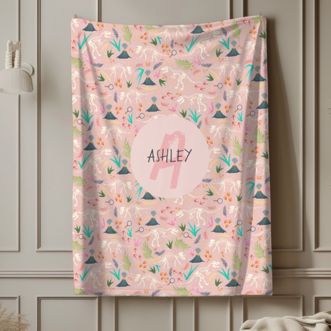 Girls Cute Science Dinosaur Fossil Monogram Kids Fleece Blanket (Creator Uploaded)