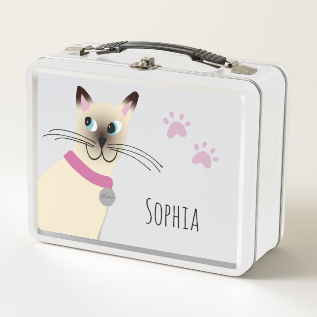 Girls Cute Seal Point Siamese Cat Cartoon Kids Metal Lunch Box (Front)