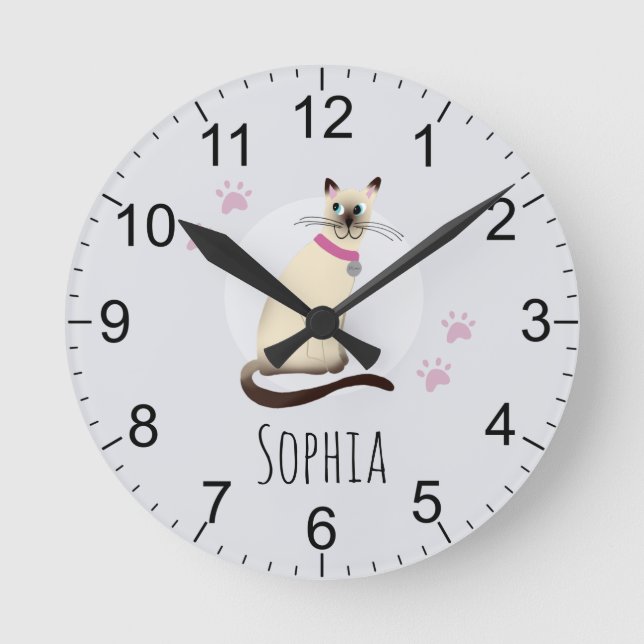 Girls Cute Siamese Cat Cartoon Kids Nursery Round Clock (Front)