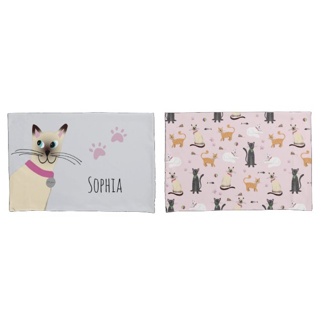 Girls Cute Siamese Cat Paw Prints Name Kids Pillowcase (Front-Set)