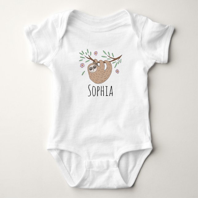 Girls Cute Sleeping Sloth Animal and Name Baby Bodysuit (Front)