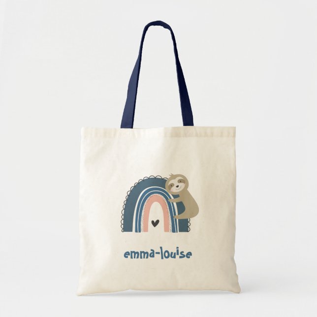 Girl's Cute Sloth Rainbow Name Tote Bag (Front)