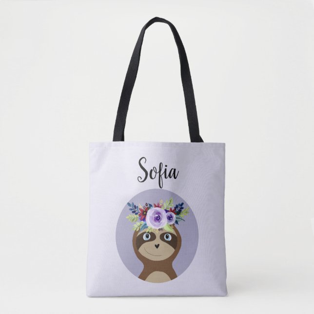 Girls Cute Sloth Watercolor Flowers & Name Tote Bag (Front)