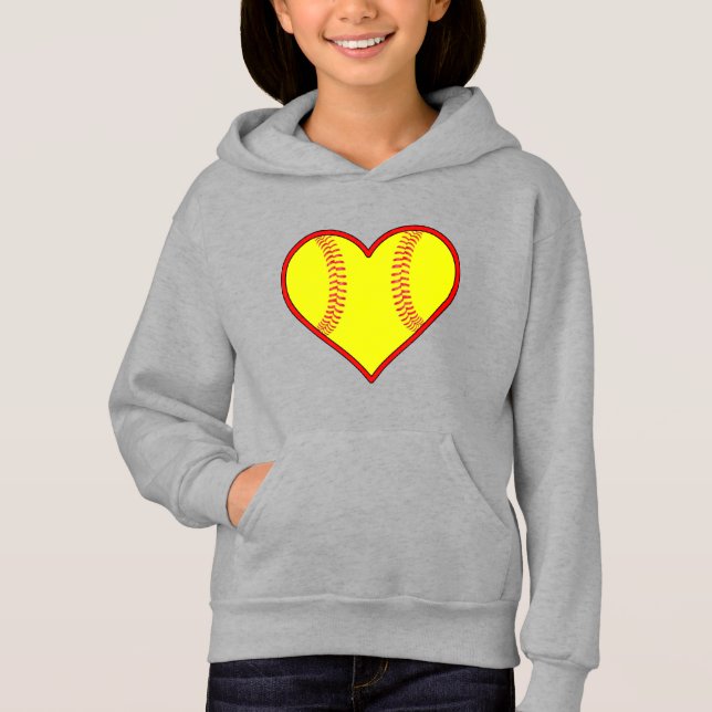 Girls Cute Softball Heart Hoodie Sweatshirt (Front)