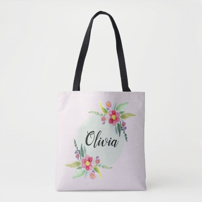 Girls Cute Spring Botanical Flowers and Name Kids Tote Bag (Front)