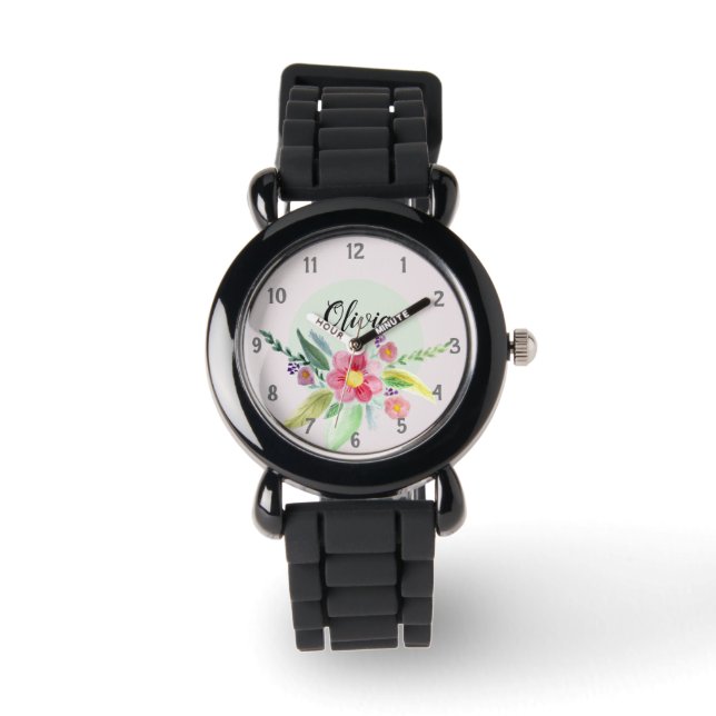 Girls Cute Spring Botanical Flowers and Name Kids Watch (Front)