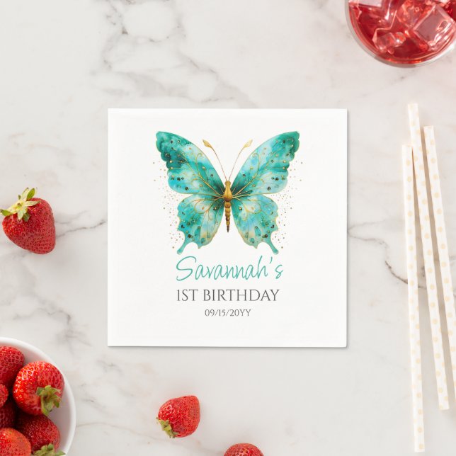 Girls Cute Teal Green Butterfly 1st Birthday Party Napkin (Insitu)