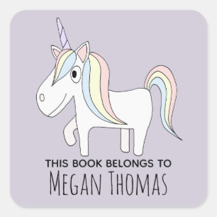 Girl's Cute This Book Belongs Magical Unicorn Name Square Sticker