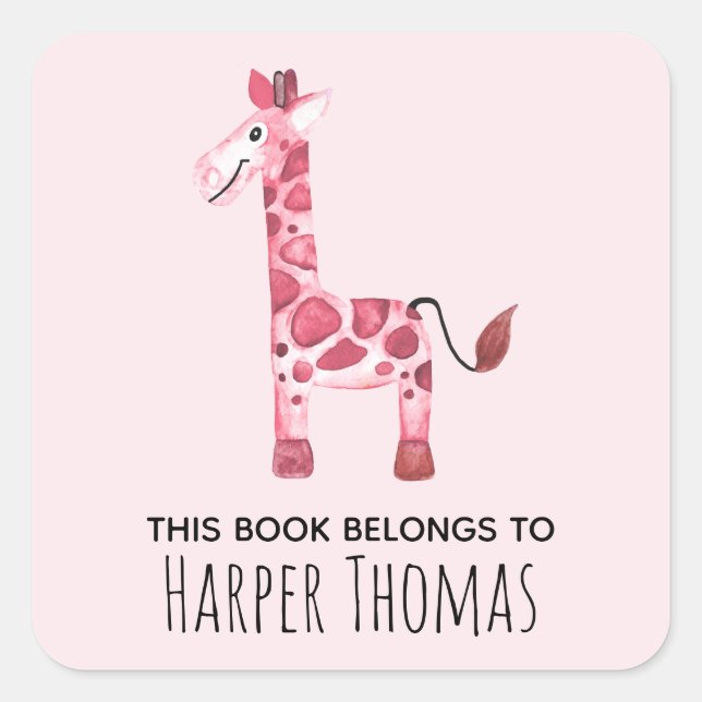 Girl's Cute This Book Belongs Safari Giraffe Name Square Sticker (Front)