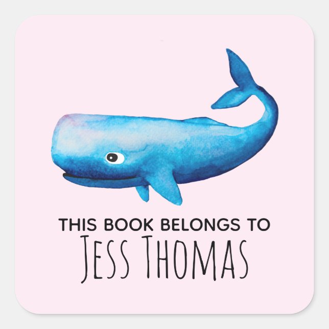 Girls Cute This Book Belongs Whale and Name Kids Square Sticker (Front)