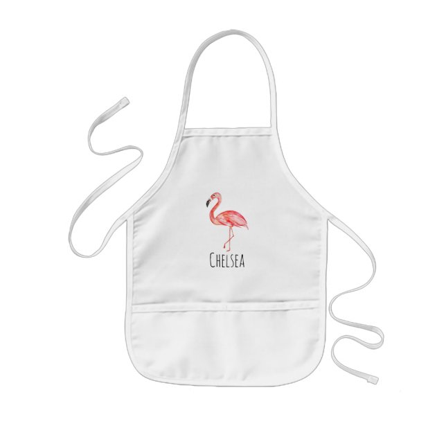 Girl's Cute Tropical Watercolor Pink Flamingo Name Kids Apron (Front)