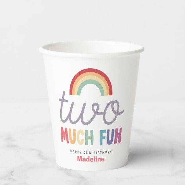 Girls Cute Two Much Fun Rainbow 2nd Birthday Paper Cups (Front)