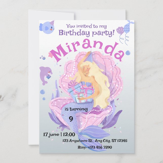 Girls Cute Under the Sea Mermaid 6th Birthday  Invitation (Front)