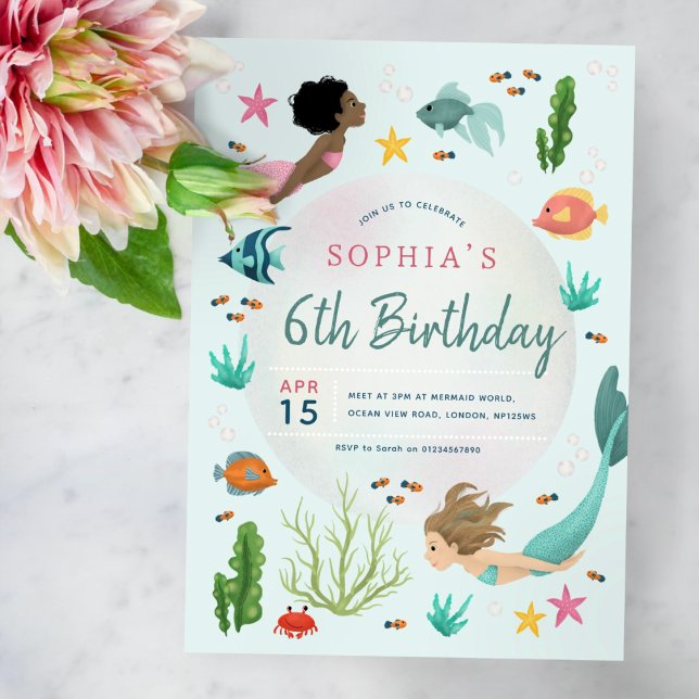 Girls Cute Under the Sea Mermaid 6th Birthday Invitation (Creator Uploaded)