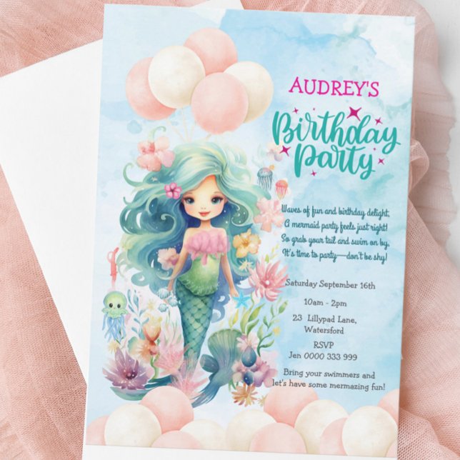 Girls Cute Under the Sea Mermaid Birthday Invite (Whimsical Mermaid Birthday Invitation - Pink & Blue Under the Sea Party - Cute Girl Kids Invite)