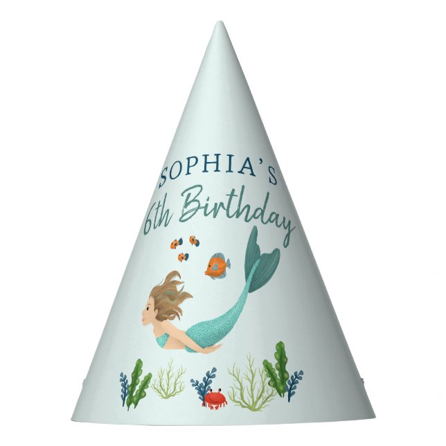 Girls Cute Under The Sea Mermaid Kids Birthday Party Hat (Front)