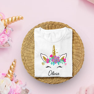 Girls Cute Unicorn And Watercolor Rainbow Custom T-Shirt