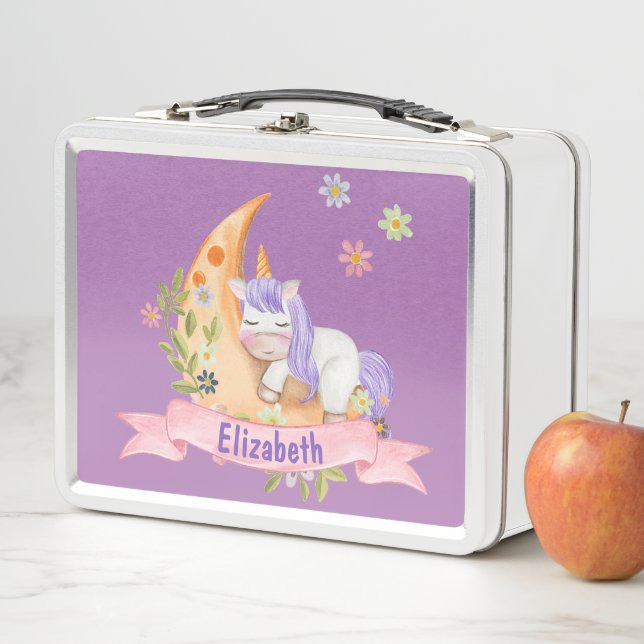 Girls Cute Unicorn Flowers Personalised name Kids  Metal Lunch Box (In Situ)