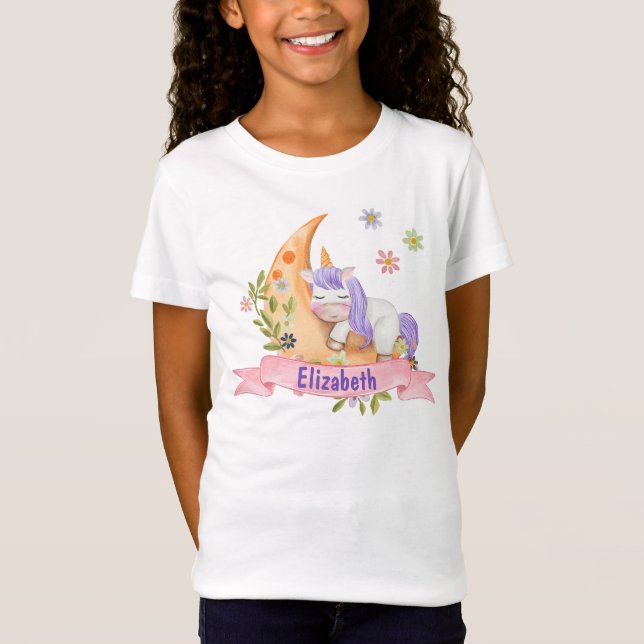Girls Cute Unicorn Flowers Personalised name Kids  T-Shirt (Front)