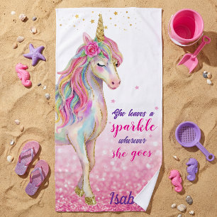Girls Cute Unicorn Glitter Personalised Beach Towe Towel