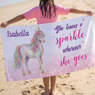 Girls Cute Unicorn Glitter Personalised Beach Towel