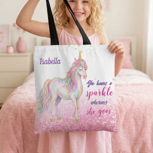 Girls Cute Unicorn Glitter Personalised Tote Bag