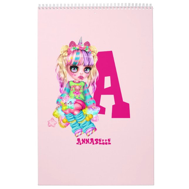 Girls Cute Unicorn Personalised Named Monogram Calendar (Cover)