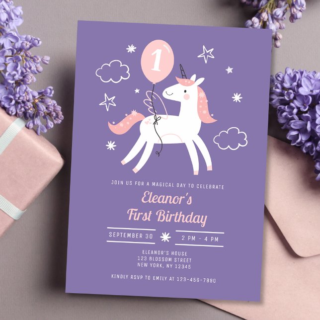 Girls Cute Unicorn Pink and Purple Birthday Invitation (Creator Uploaded)