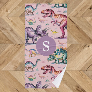 Girls Cute Watercolor Dinosaur & Name Kids Bath Towel