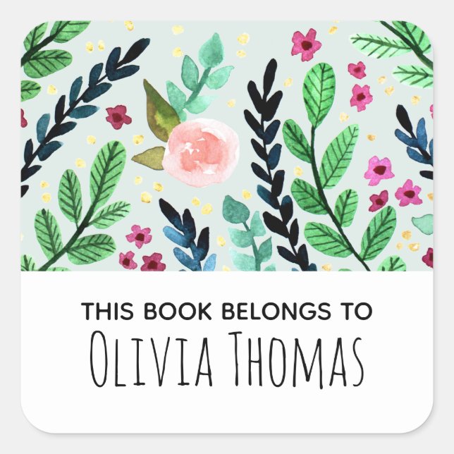 Girls Cute Watercolor Flowers Kids Bookplate Square Sticker (Front)