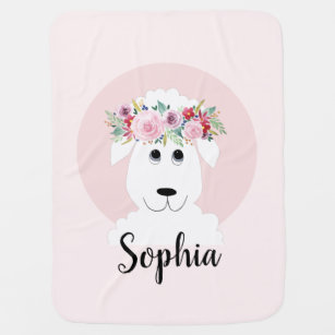 Girls Cute Watercolor Flowers Sheep and Name Baby Blanket