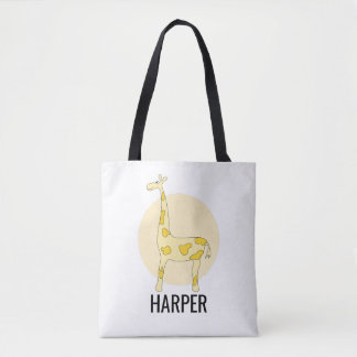 Girl's Cute Watercolor Giraffe Safari Name Tote Bag