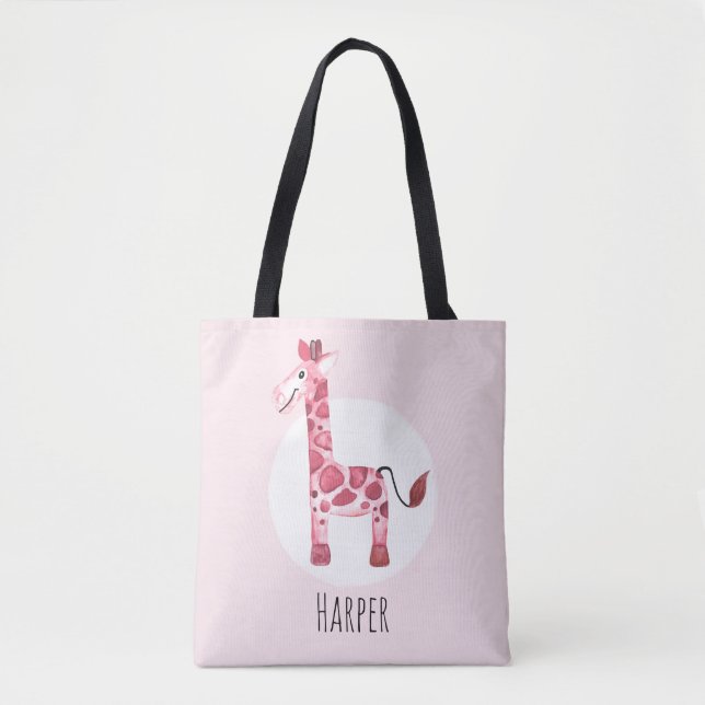 Girl's Cute Watercolor Giraffe Safari Name Tote Bag (Front)