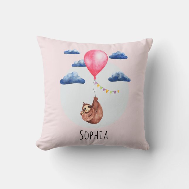 Girls Cute Watercolor Sloth Animal and Name Kids Cushion (Front)