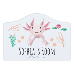 Girls Cute Whimsical Pink Axolotl Kids Nursery Door Sign