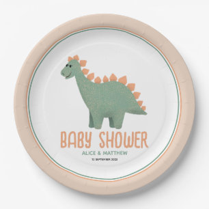Girls Cute Whimsical Pink Dinosaur Baby Shower Paper Plate