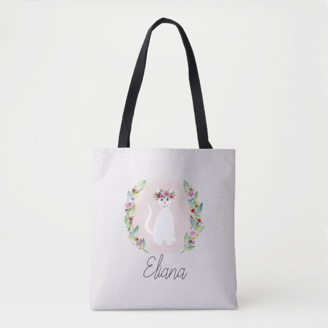 Girls Cute White Cat with Flowers and Name Kids Tote Bag (Front)