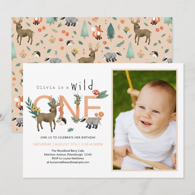 Girls Cute Wild One Woodland Animals 1st Birthday  Invitation (Front/Back)